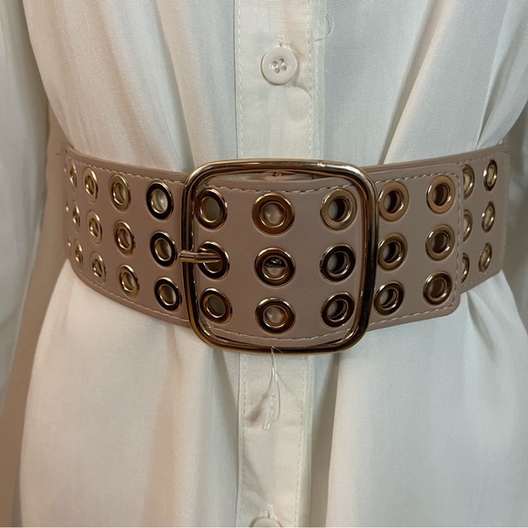 Accessories - Beige faux leather three row grommet square buckle elastic waistband belt